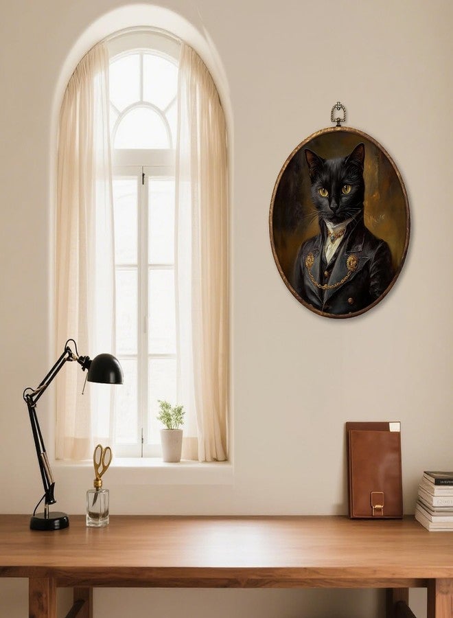 HUGANE Vintage Moody Elegant Black Cat Round Wall Art Decor, Dark Academia Whimsical Cat Mom Lady Lovers Hanging Canvas Framed Prints Wall Sculptures for Home Bedroom Living Room Decor, 10x10 Inch - Image 5